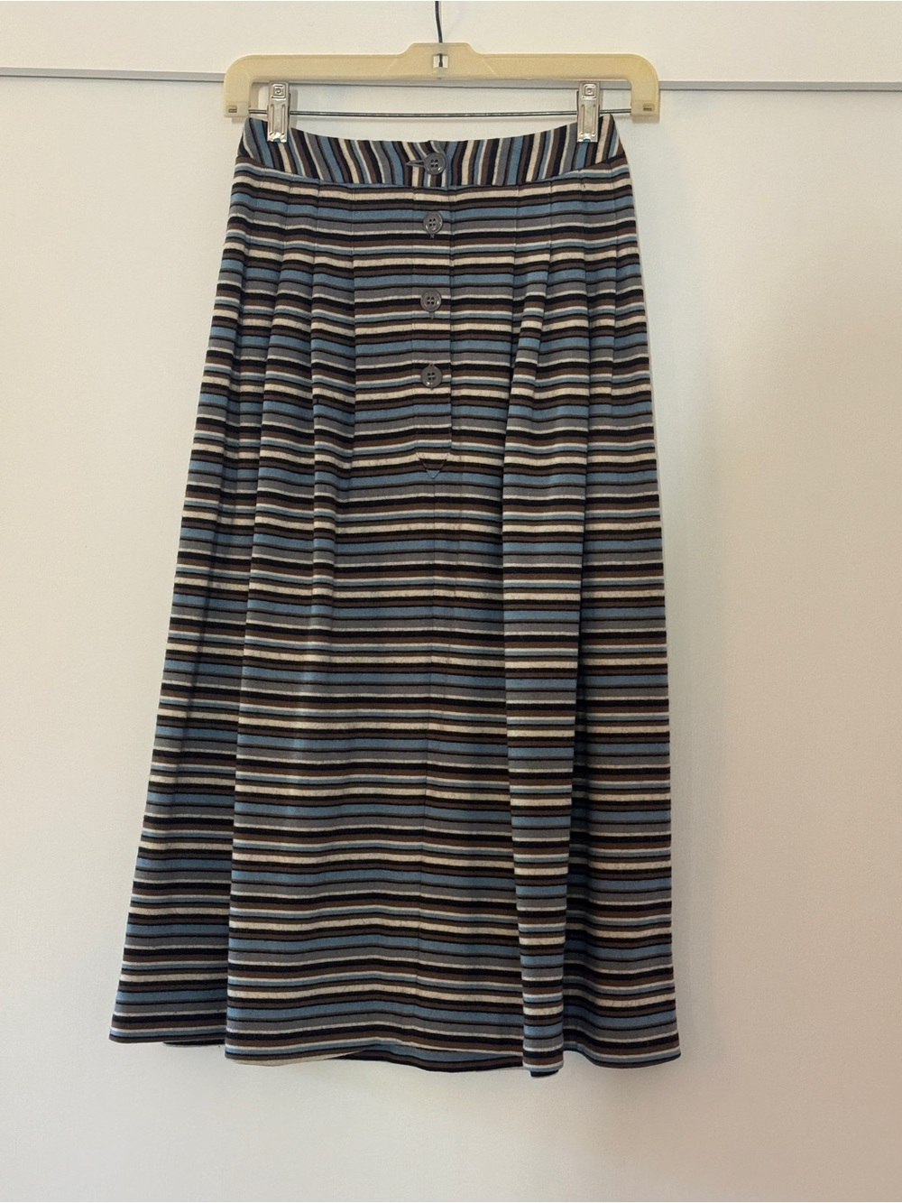 Vintage 70s Cacharel Wool Blue & Black Striped Button-Front A-Line Midi Skirt XS